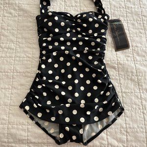 NWT Esther Williams Black and White Polka Dot Sheath One-Piece Swimsuit